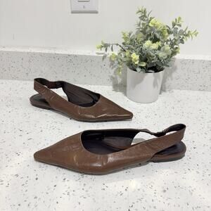 Zara Chocolate Brown Pointed Tow Faux Leather Slingback Flats 9